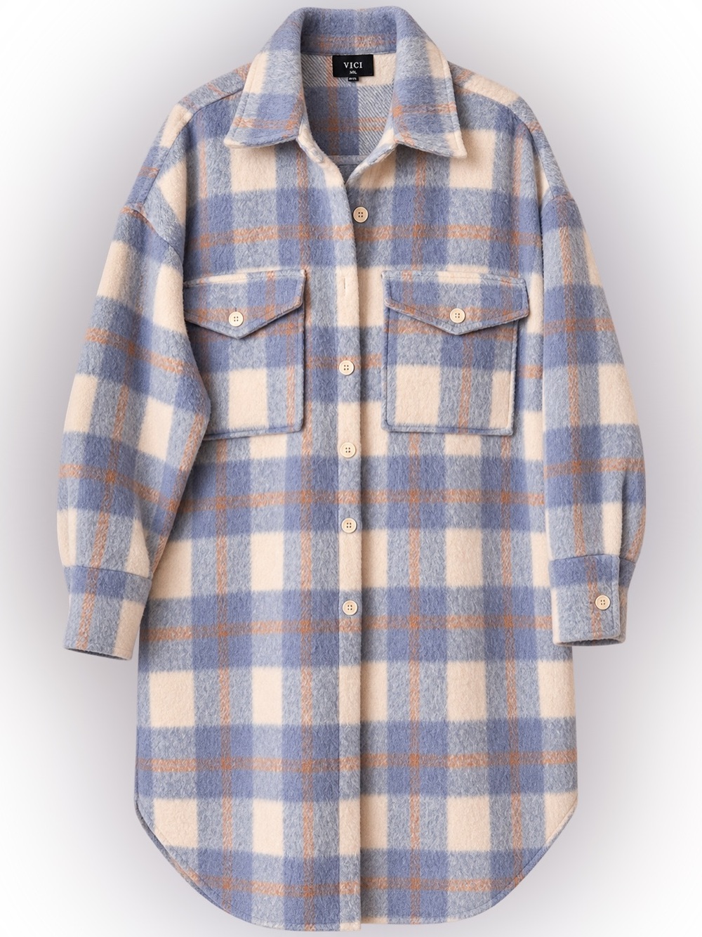 VICI Blue Cream and Tan Plaid Shacket